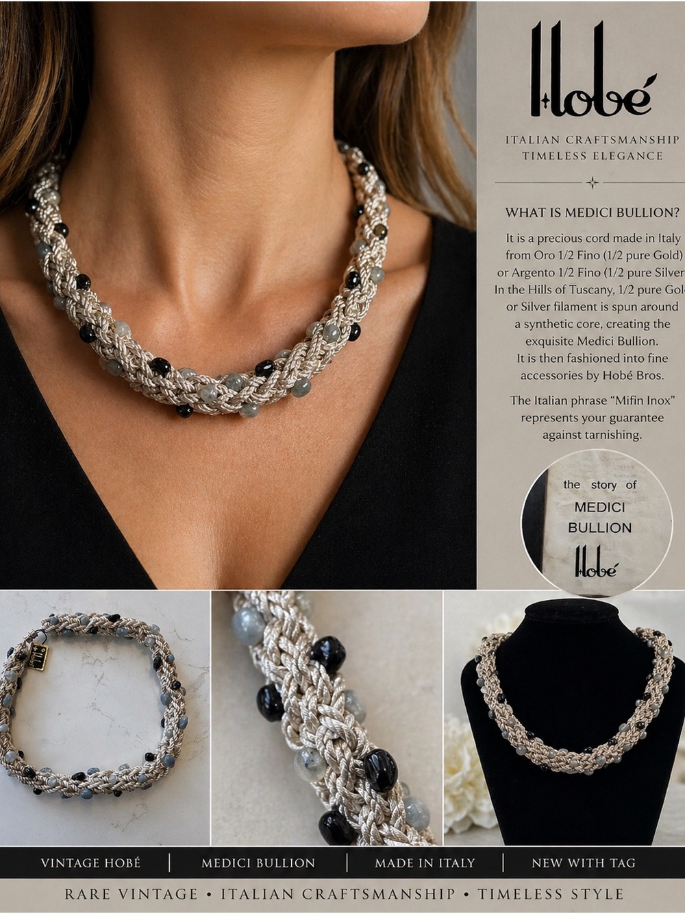 Silver-Tone Medici Bullion Braided Necklace with Black & Gray Beads